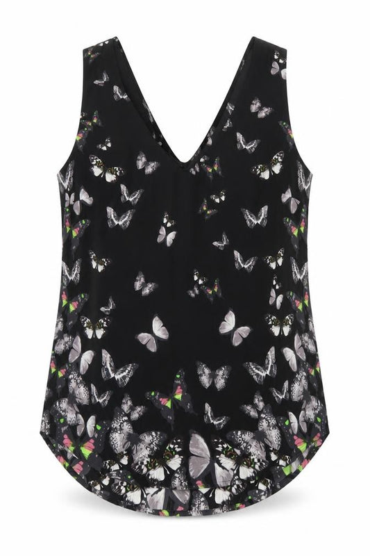 Front view of Oasis women’s black geometric polyester basic tank, size UK 10, v-neck - butterfly print