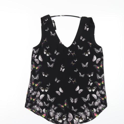Oasis Womens Black Geometric Polyester Basic Tank Size 10 V-Neck - Butterfly Print