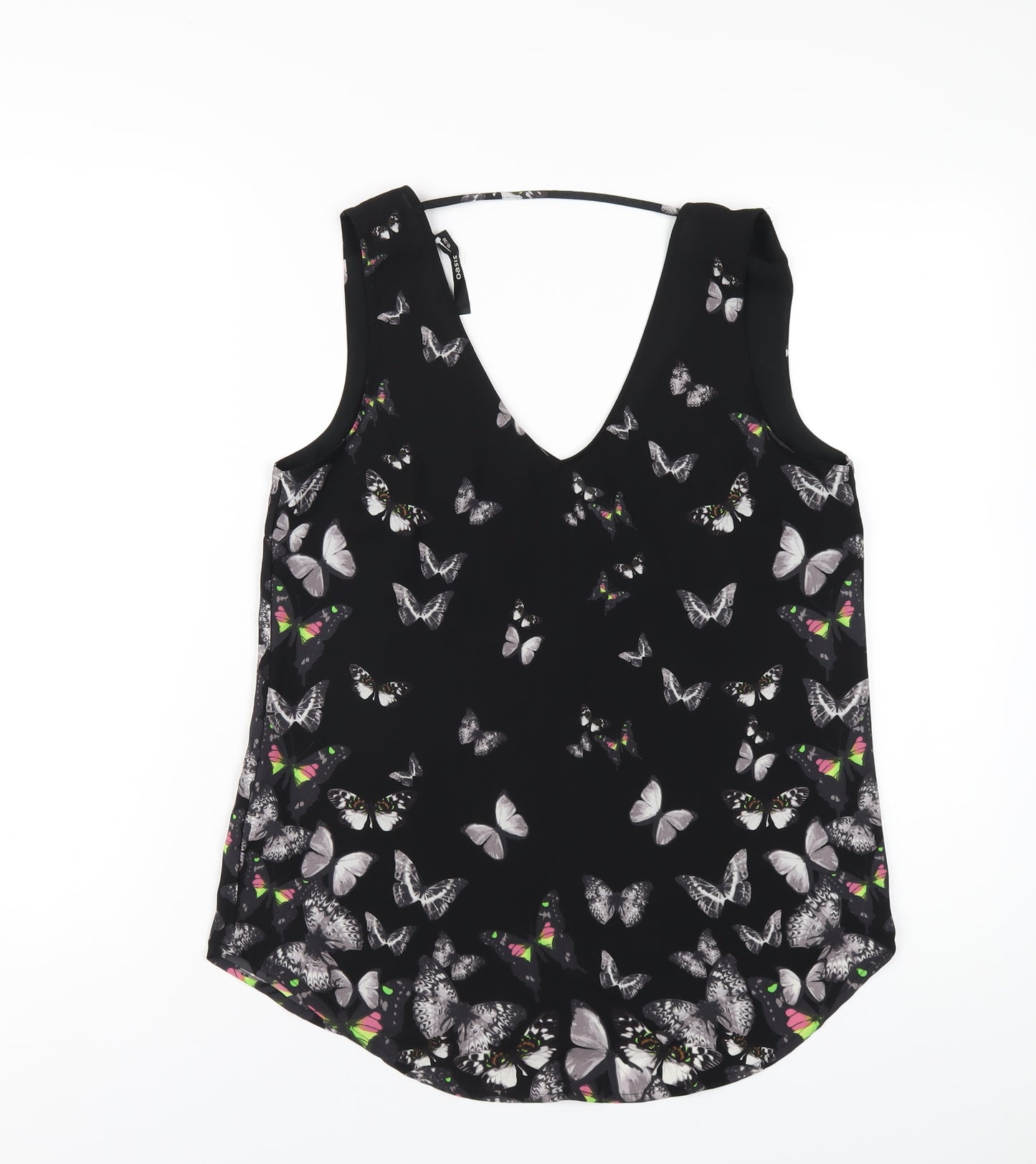 Oasis Womens Black Geometric Polyester Basic Tank Size 10 V-Neck - Butterfly Print