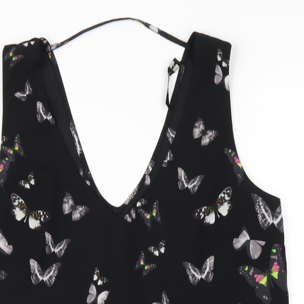 Oasis Womens Black Geometric Polyester Basic Tank Size 10 V-Neck - Butterfly Print