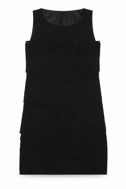 Front view of Debenhams women’s black polyester a-line, size UK 12, round neck zip