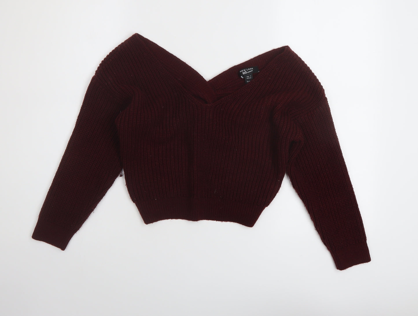 New Look Girls Red V-Neck Acrylic Pullover Jumper Size 9 Years Pullover