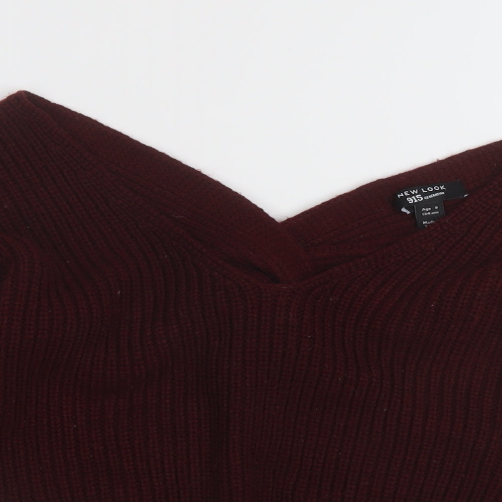 New Look Girls Red V-Neck Acrylic Pullover Jumper Size 9 Years Pullover