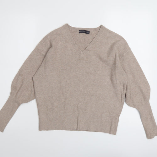 Marks and Spencer Womens Beige V-Neck Viscose Pullover Jumper Size S