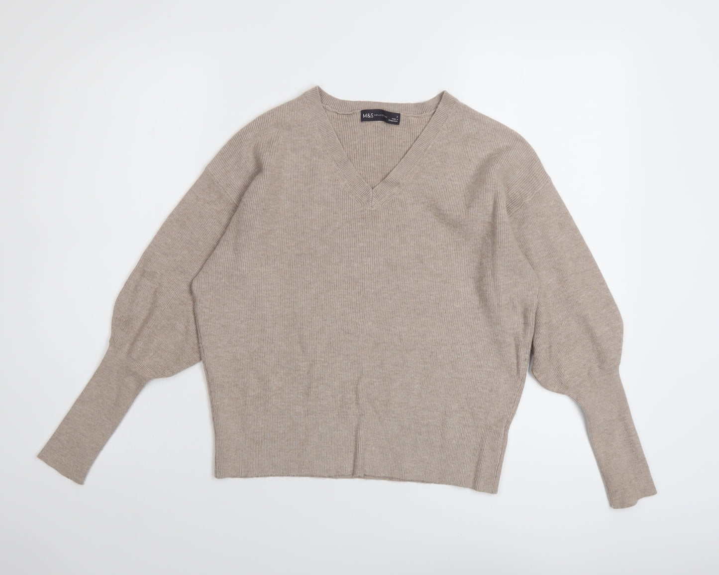 Marks and Spencer Womens Beige V-Neck Viscose Pullover Jumper Size S