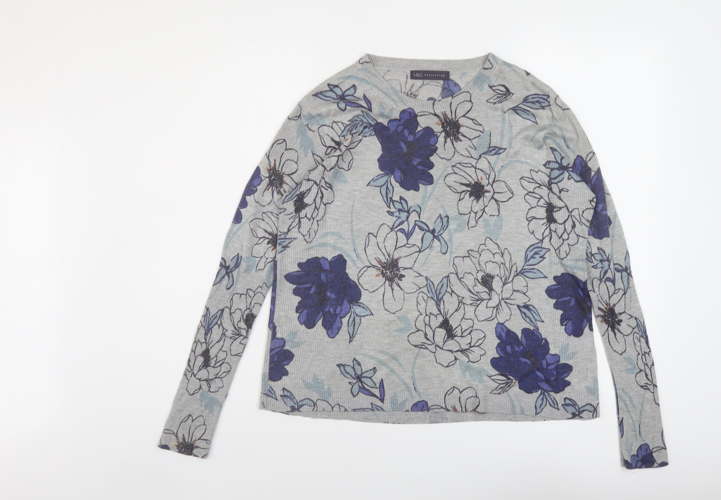 Marks and Womens Grey Round Neck Floral Acrylic Pullover Jumper Size 12