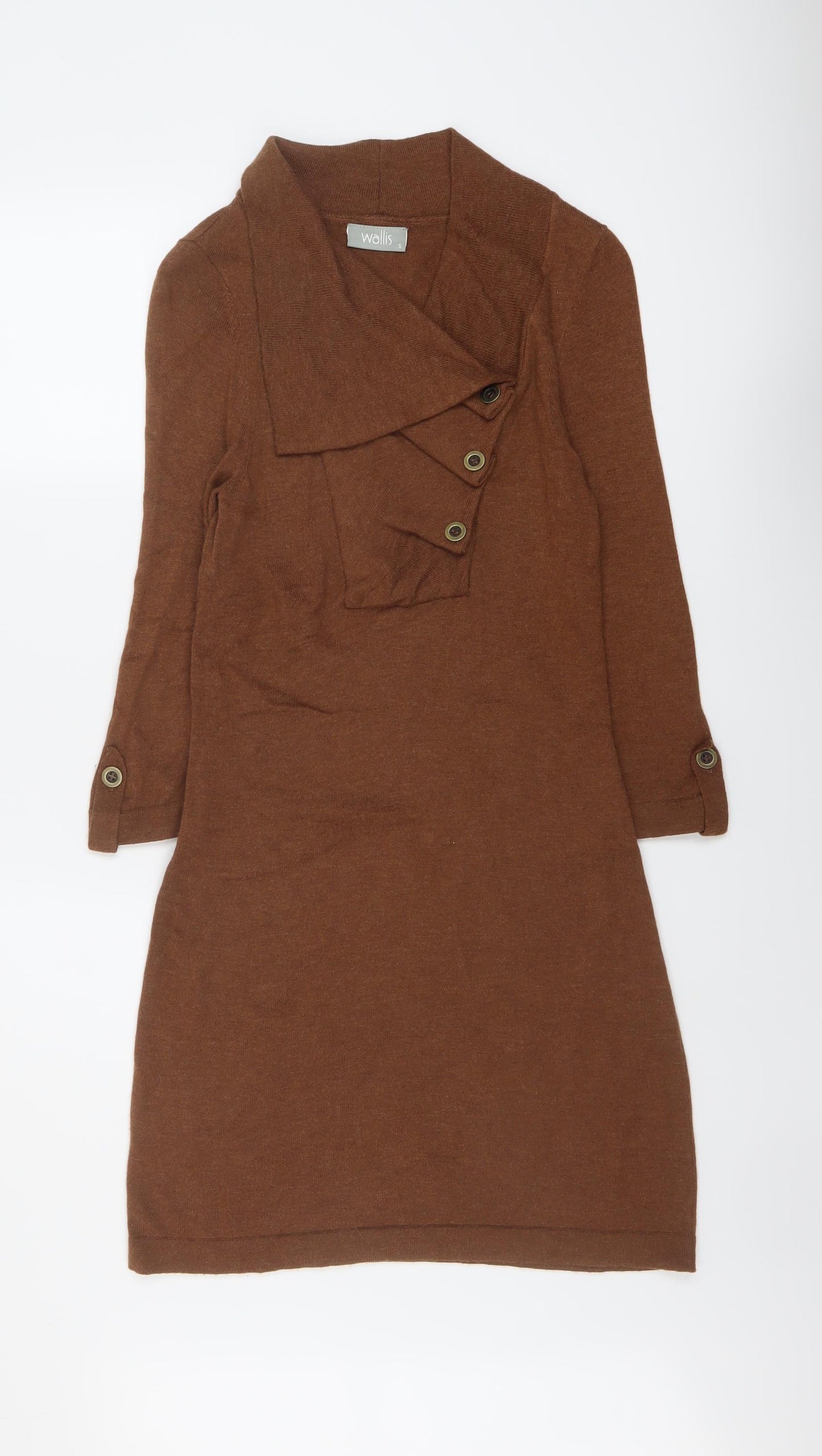 Wallis Womens Brown Acrylic Jumper Dress Size S V-Neck Pullover