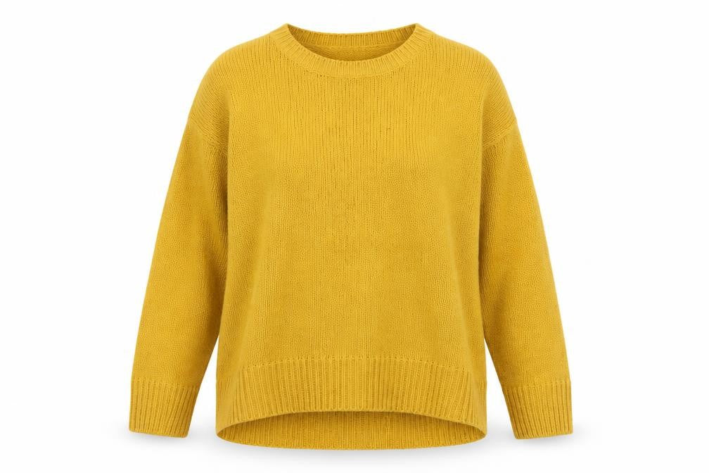 Front view of New Look women’s yellow round neck acrylic jumper, size L