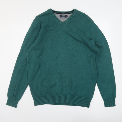 Maine Mens Green V-Neck Cotton Pullover Jumper Size M Long Sleeve