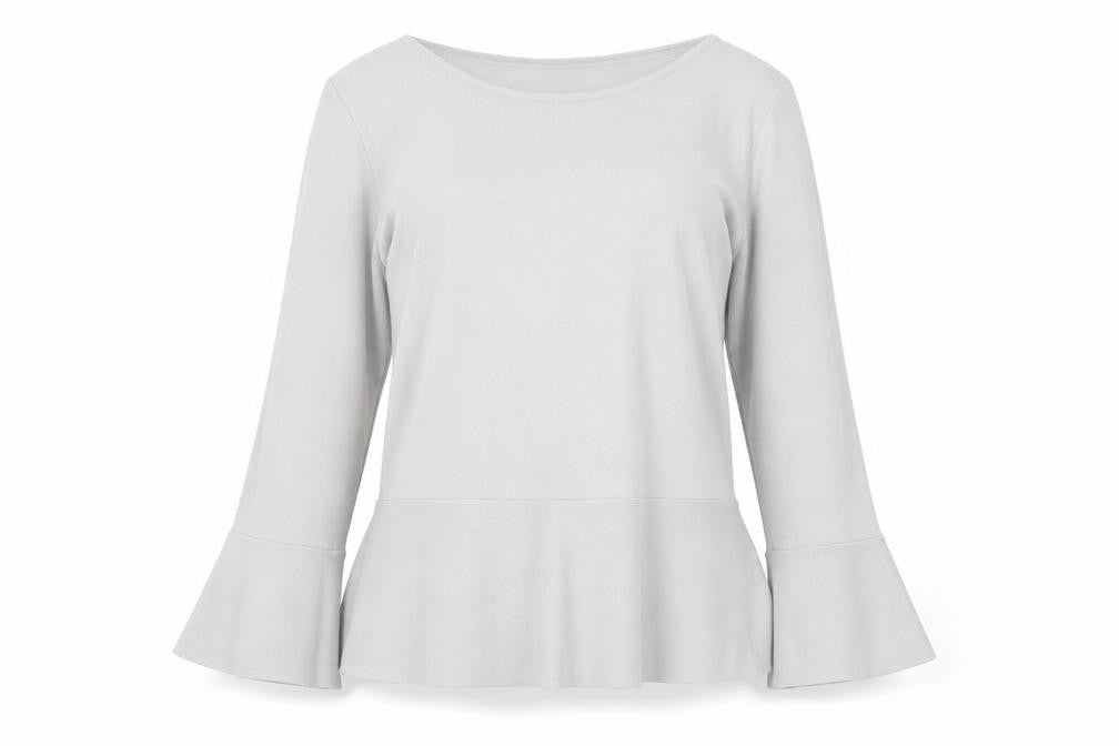 Front view of Monsoon women’s grey round neck viscose jumper, size UK 10