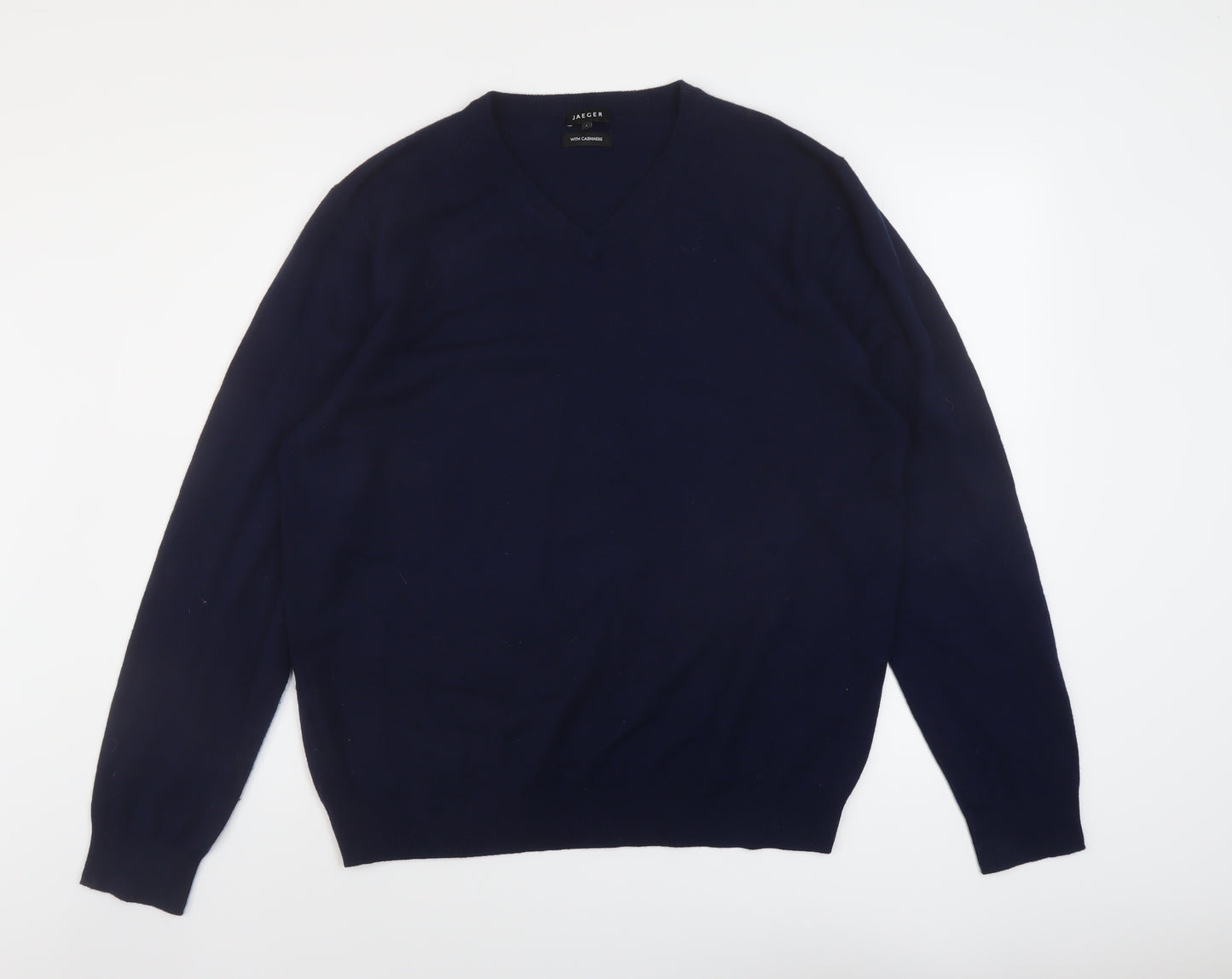 Jaeger Mens Blue V-Neck Wool Pullover Jumper Size L Long Sleeve