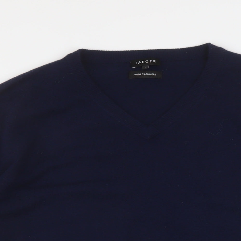 Jaeger Mens Blue V-Neck Wool Pullover Jumper Size L Long Sleeve