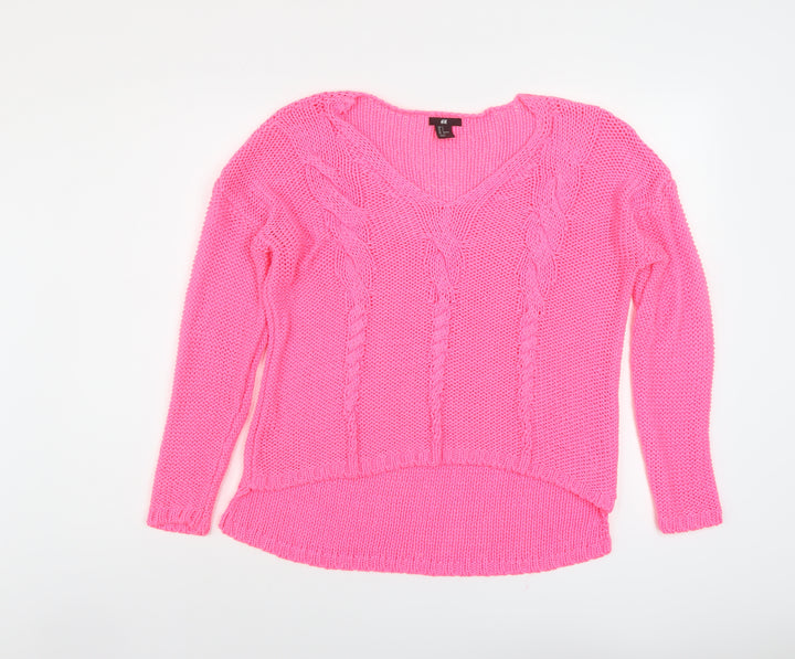 H&M Womens Pink V-Neck Acrylic Pullover Jumper Size S