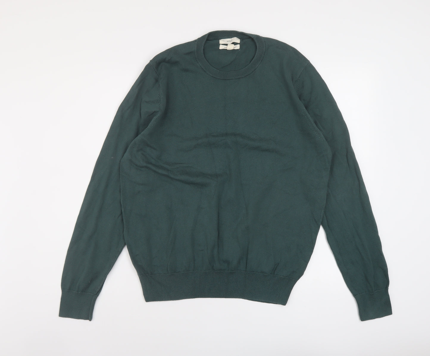 Marks and Spencer Mens Green Crew Neck Cotton Pullover Jumper Size L Long Sleeve