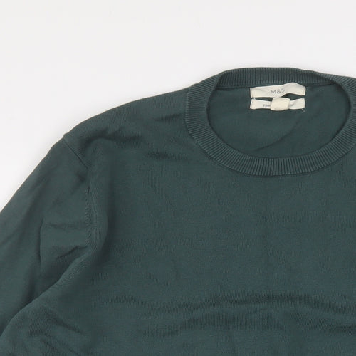 Marks and Spencer Mens Green Crew Neck Cotton Pullover Jumper Size L Long Sleeve