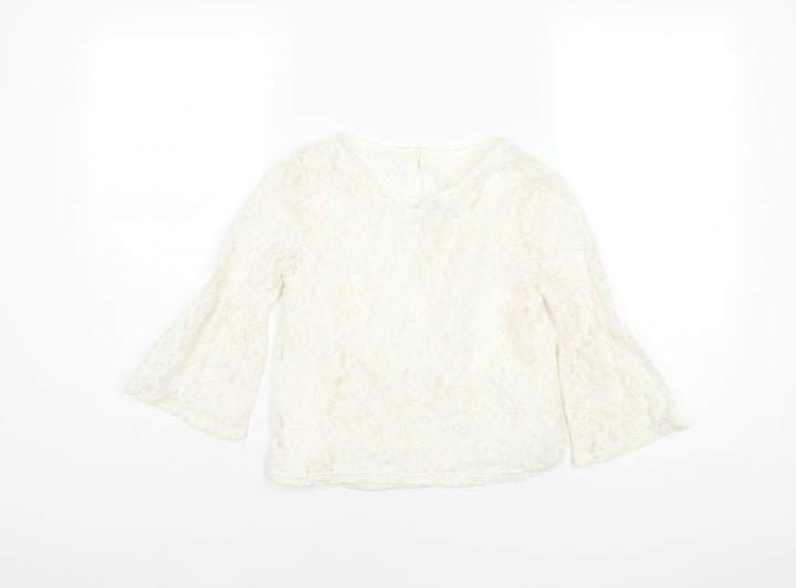 H&M Girls Ivory Polyester Basic Blouse Size 13 Years Round Neck Button