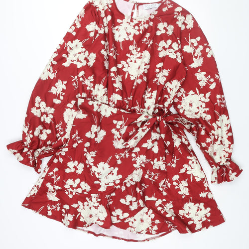 In the Style Womens Red Floral Polyester Wrap Dress Size 14 V-Neck Button