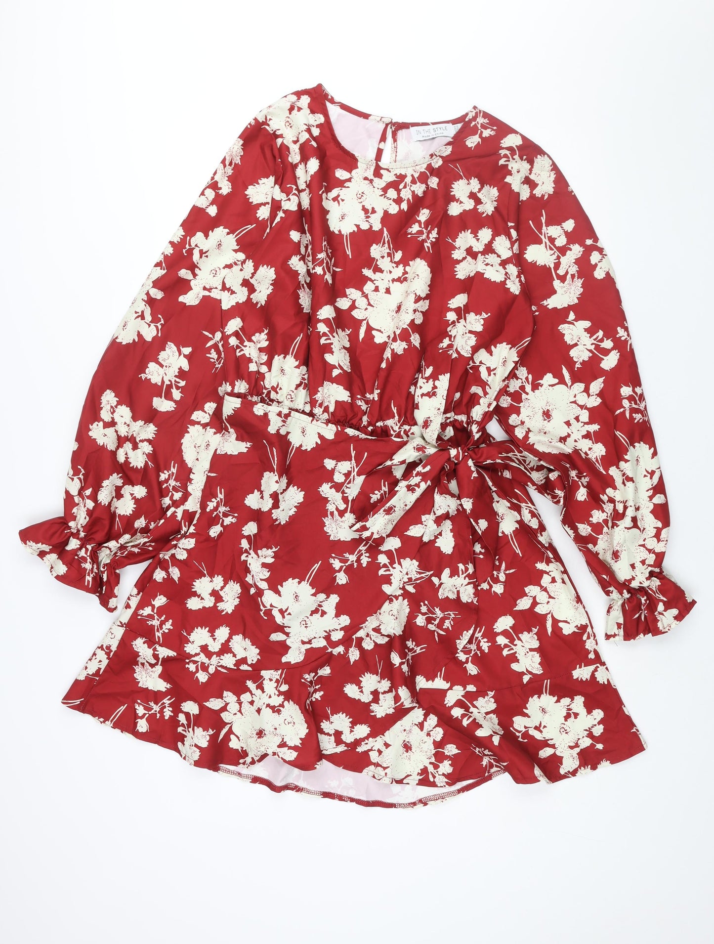 In the Style Womens Red Floral Polyester Wrap Dress Size 14 V-Neck Button