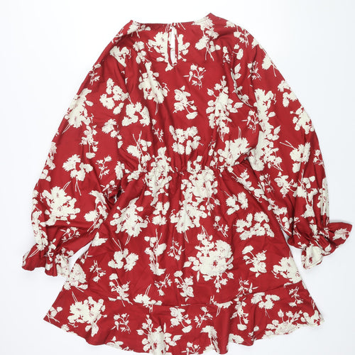 In the Style Womens Red Floral Polyester Wrap Dress Size 14 V-Neck Button
