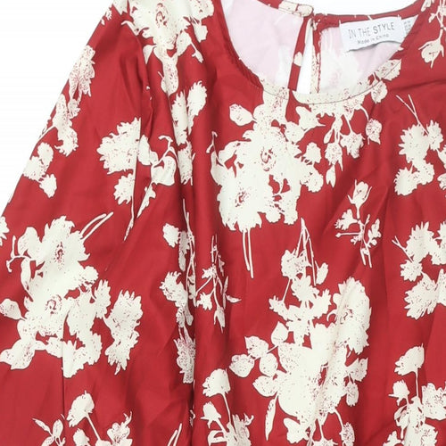 In the Style Womens Red Floral Polyester Wrap Dress Size 14 V-Neck Button