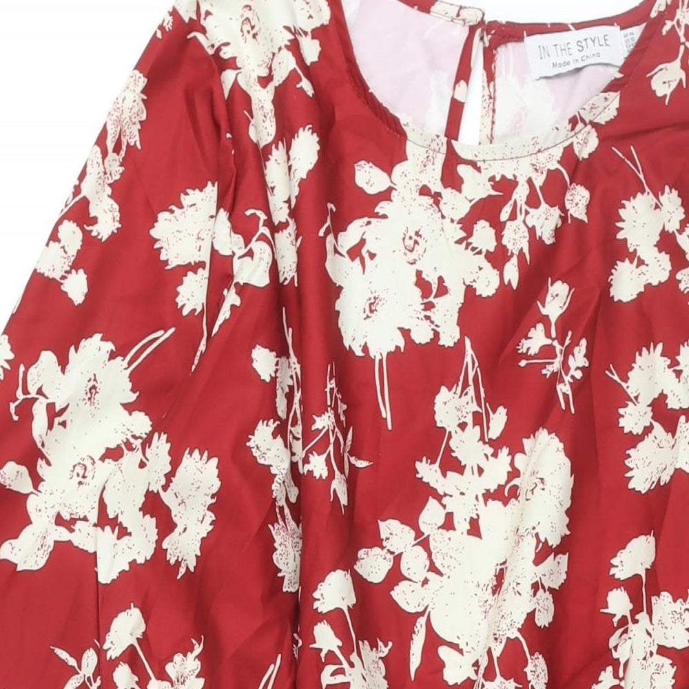 In the Style Womens Red Floral Polyester Wrap Dress Size 14 V-Neck Button