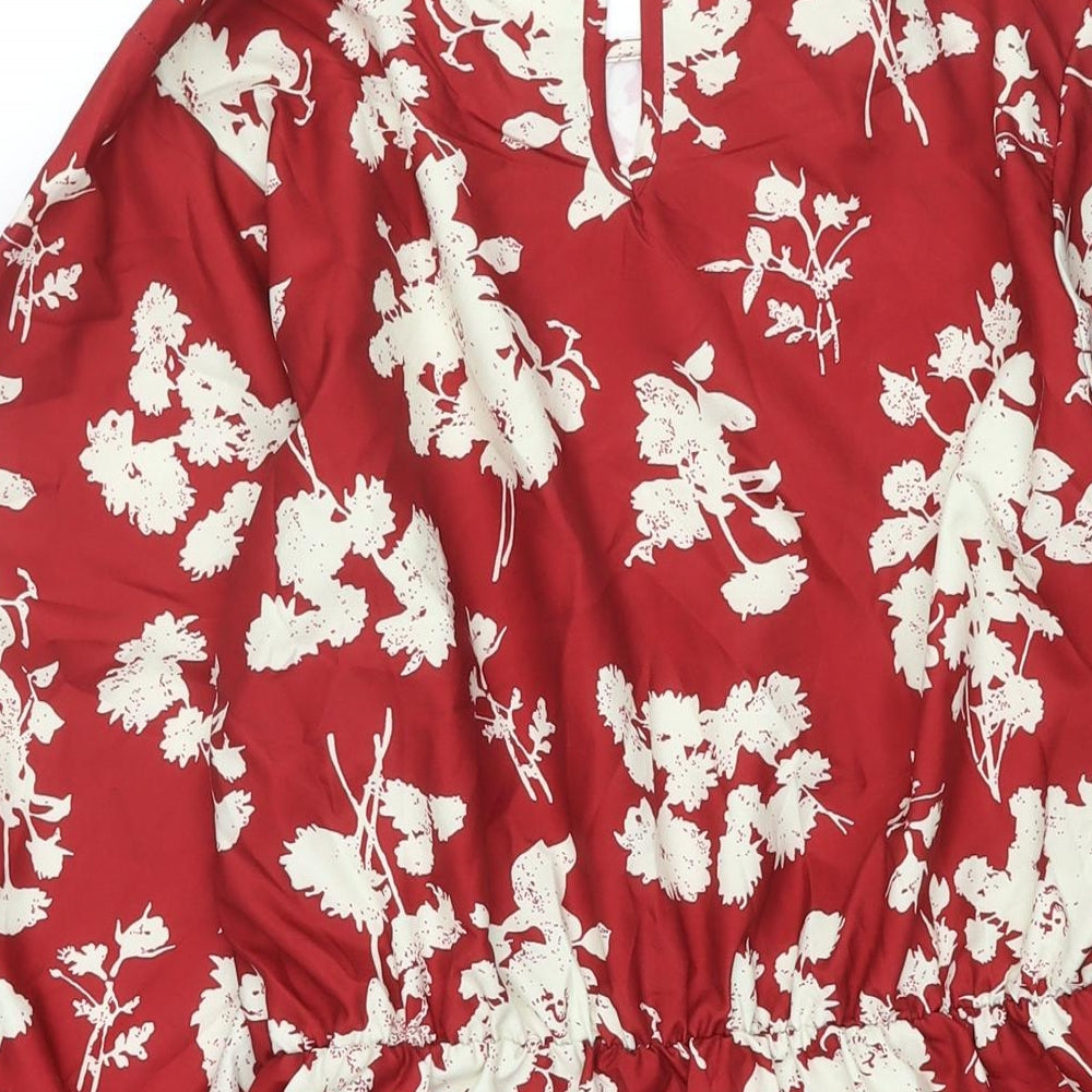 In the Style Womens Red Floral Polyester Wrap Dress Size 14 V-Neck Button