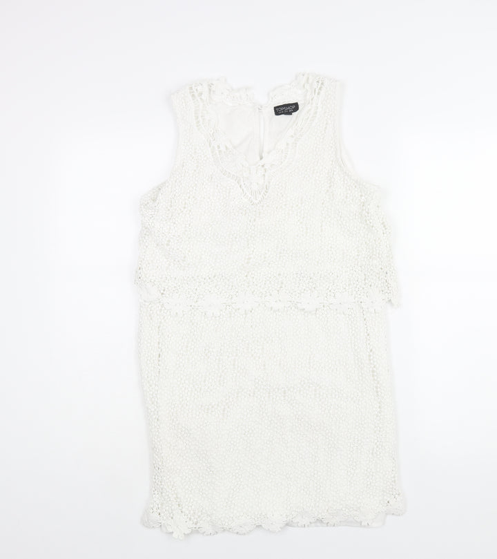 Topshop Womens White Polyester Shift Size 12 V-Neck Button