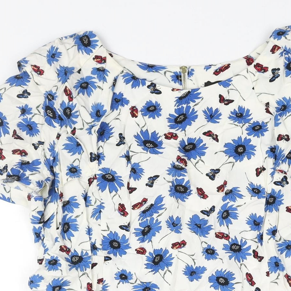 Oasis Womens White Floral Viscose A-Line Size 14 Round Neck Zip