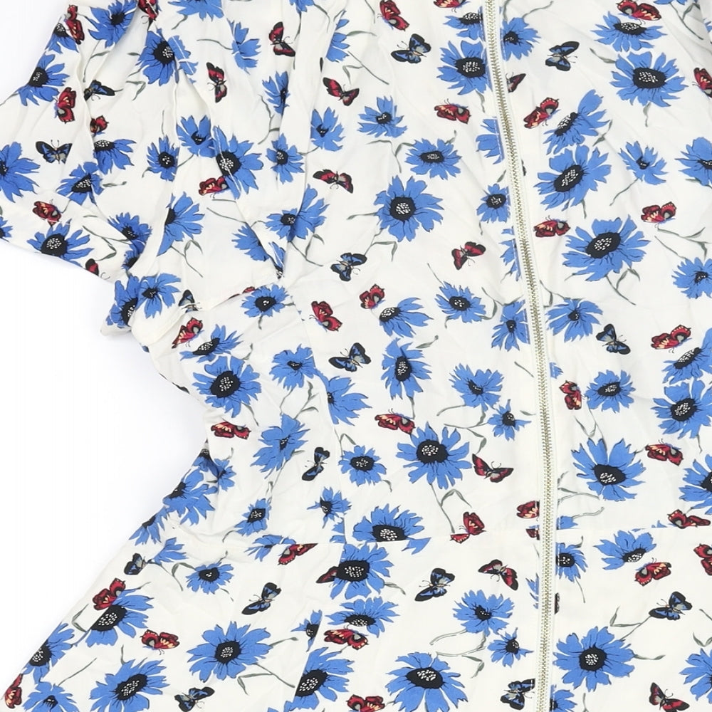 Oasis Womens White Floral Viscose A-Line Size 14 Round Neck Zip