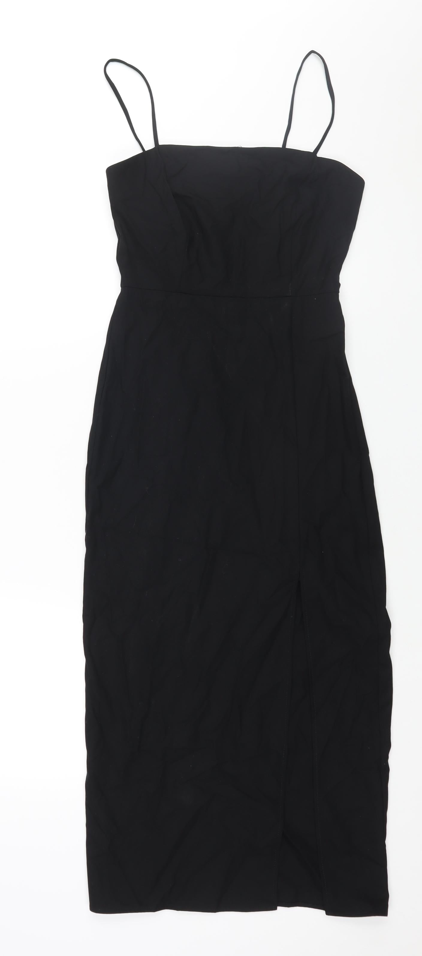 Zara Womens Black Polyester Slip Dress Size XS Square Neck Zip - Front Slit