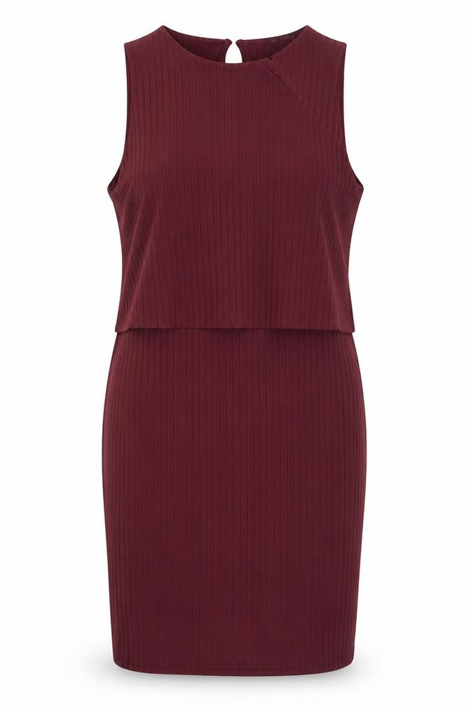 Front view of River Island women’s purple polyester shift, size UK 10, round neck button - ribbed