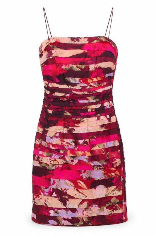 Front view of Condici women’s pink geometric polyester shift, size UK 8, square neck zip - layered frill