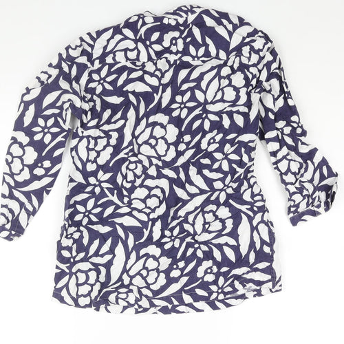 Marks and Spencer Womens Blue Geometric Linen Basic Blouse Size 12 V-Neck - Button Frill Detail