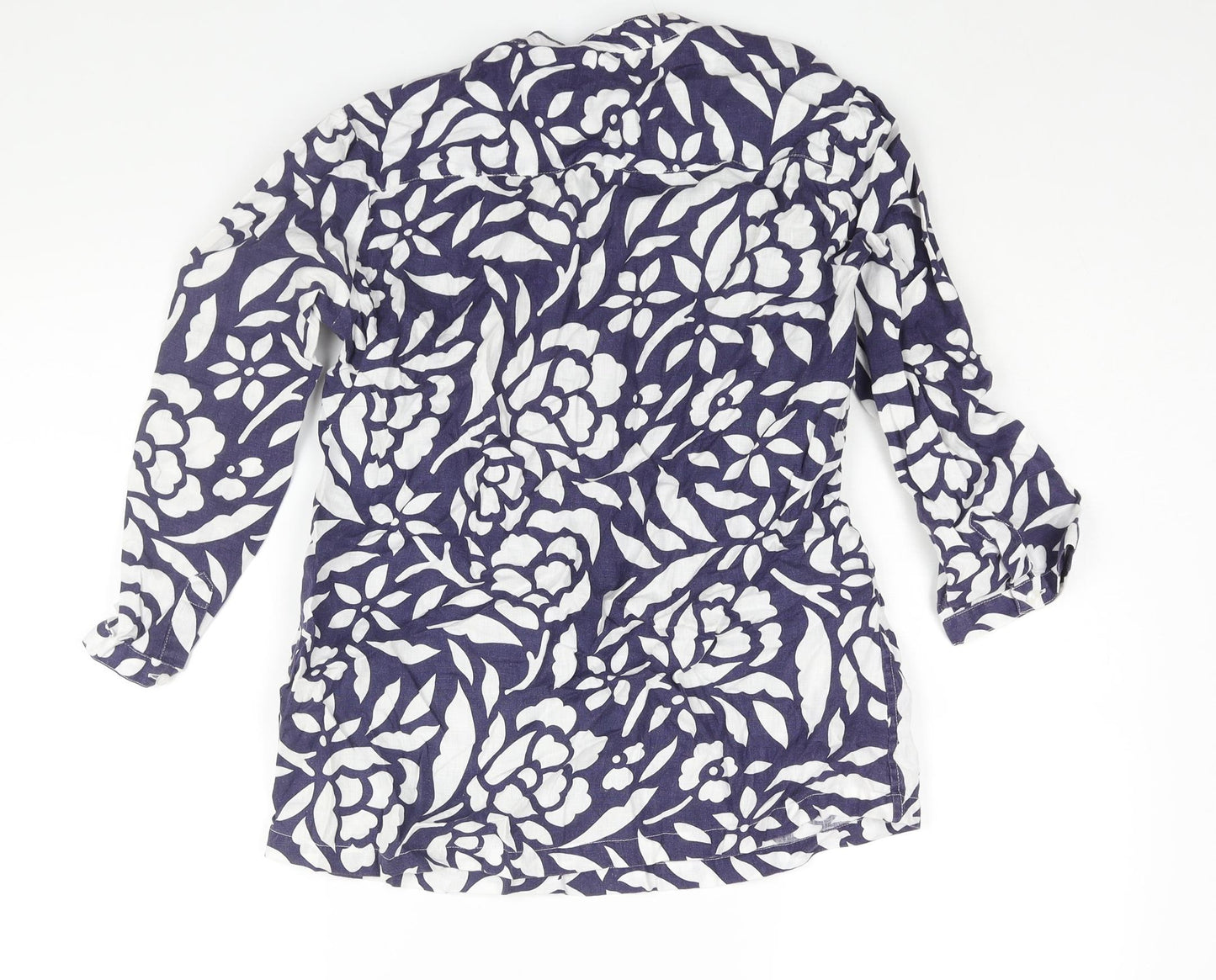 Marks and Spencer Womens Blue Geometric Linen Basic Blouse Size 12 V-Neck - Button Frill Detail