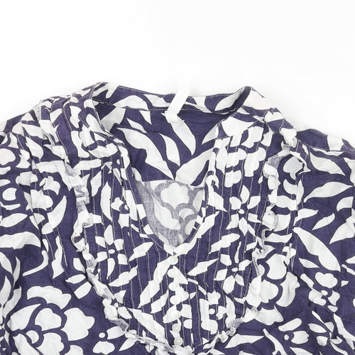Marks and Spencer Womens Blue Geometric Linen Basic Blouse Size 12 V-Neck - Button Frill Detail