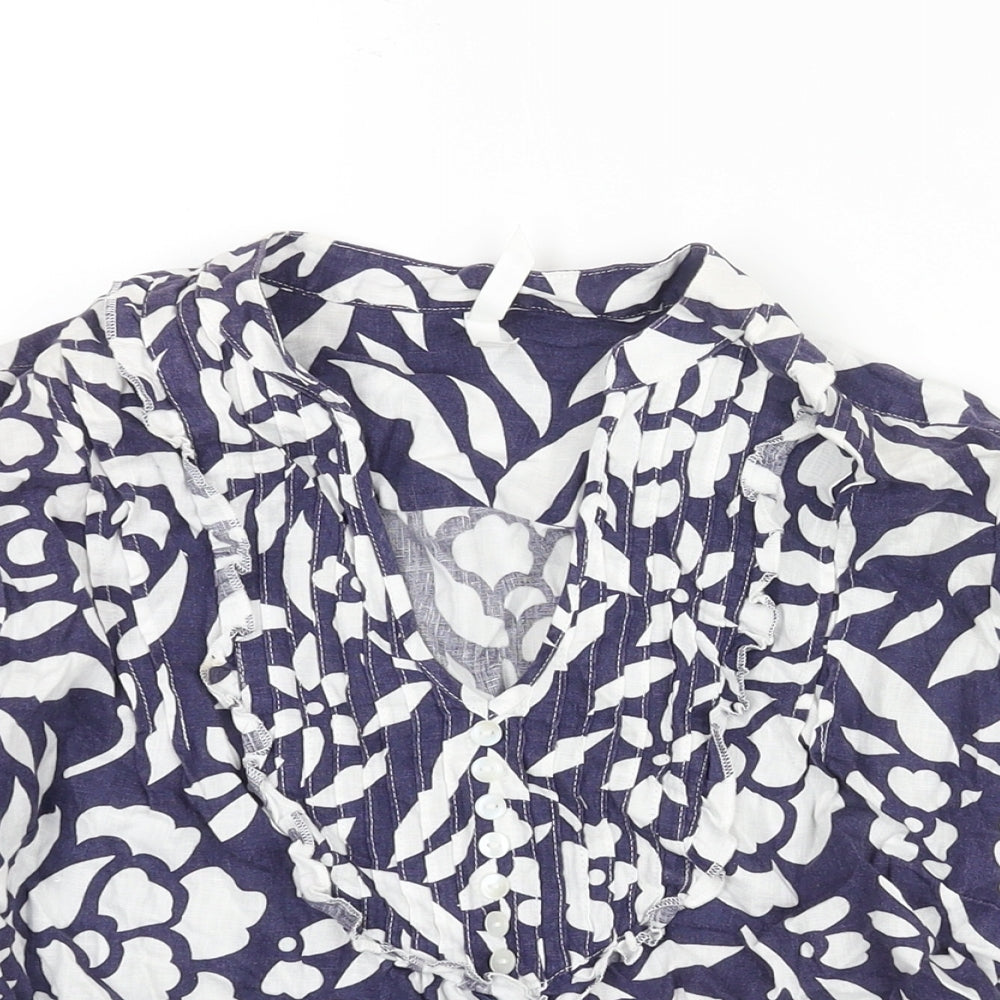 Marks and Spencer Womens Blue Geometric Linen Basic Blouse Size 12 V-Neck - Button Frill Detail