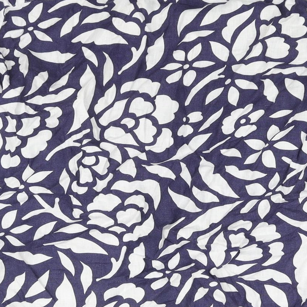 Marks and Spencer Womens Blue Geometric Linen Basic Blouse Size 12 V-Neck - Button Frill Detail