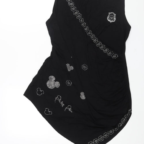 Phillip Plein Womens Black Viscose Tunic Blouse Size 2XL V-Neck - Asymmetric Hem Rhinestone Logo Detail