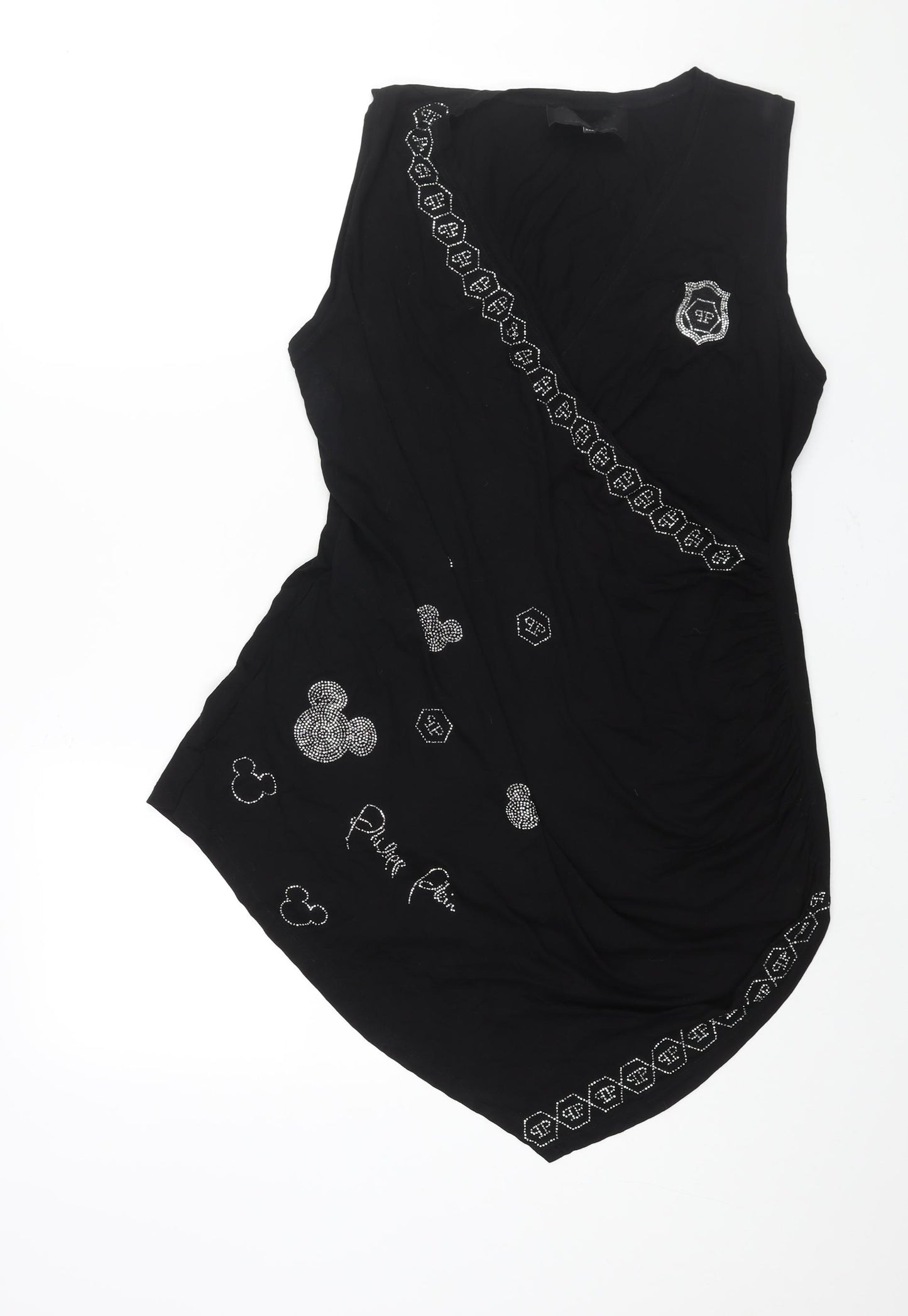 Phillip Plein Womens Black Viscose Tunic Blouse Size 2XL V-Neck - Asymmetric Hem Rhinestone Logo Detail