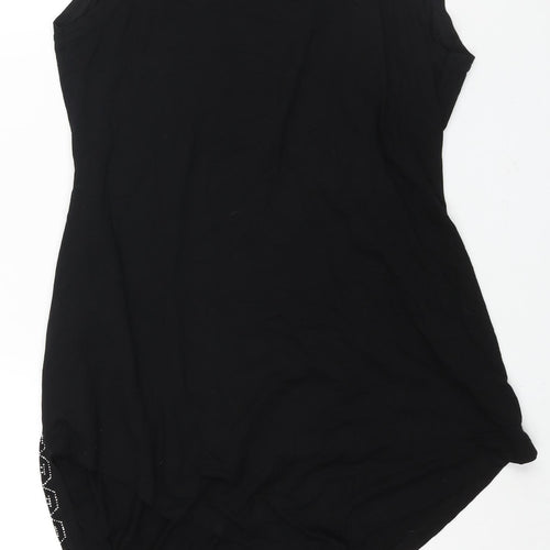Phillip Plein Womens Black Viscose Tunic Blouse Size 2XL V-Neck - Asymmetric Hem Rhinestone Logo Detail