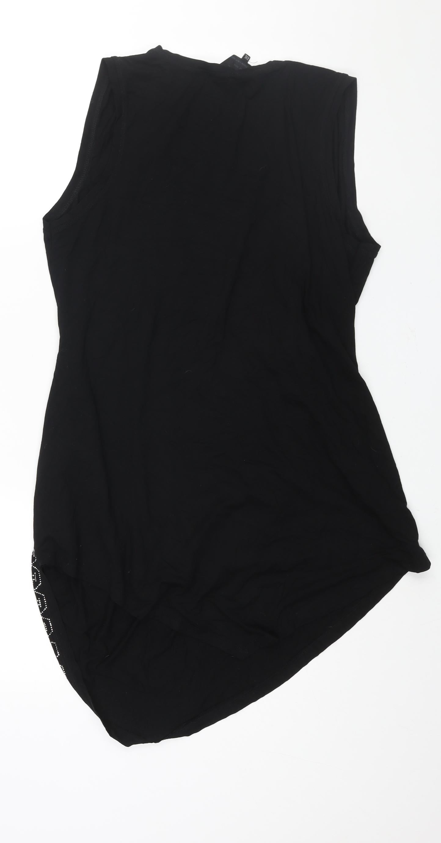 Phillip Plein Womens Black Viscose Tunic Blouse Size 2XL V-Neck - Asymmetric Hem Rhinestone Logo Detail