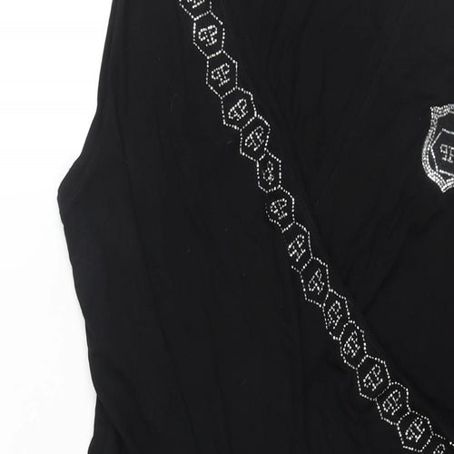 Phillip Plein Womens Black Viscose Tunic Blouse Size 2XL V-Neck - Asymmetric Hem Rhinestone Logo Detail
