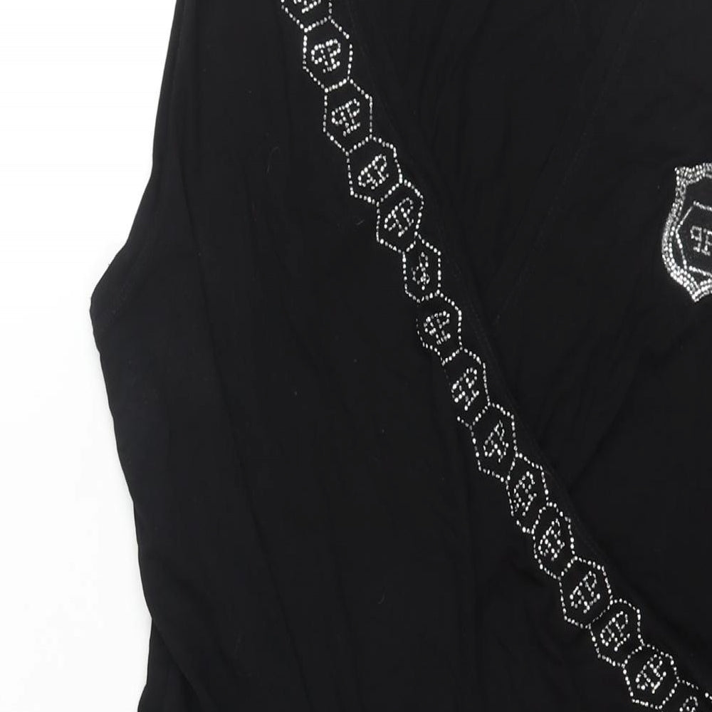 Phillip Plein Womens Black Viscose Tunic Blouse Size 2XL V-Neck - Asymmetric Hem Rhinestone Logo Detail