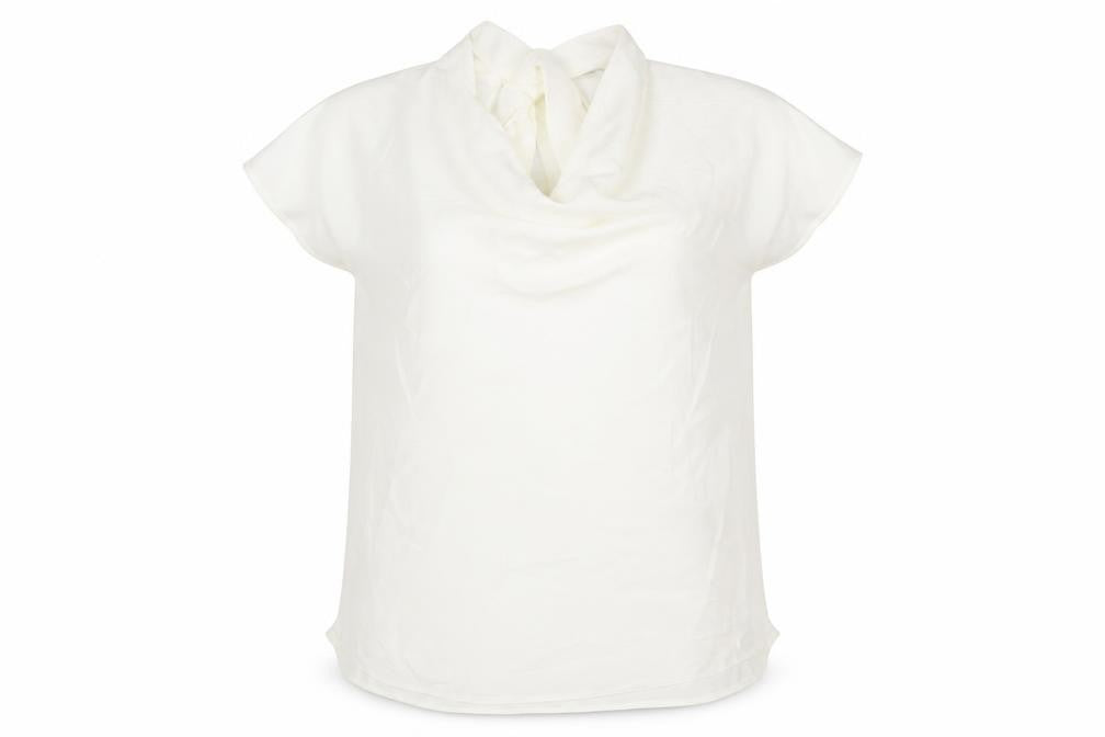 Front view of Zara women’s ivory polyester basic blouse, size L, cowl neck