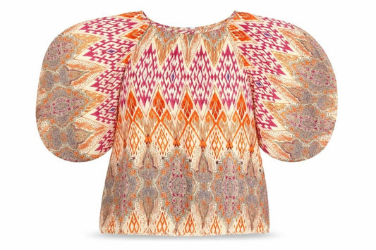 Front view of Red Herring women’s multicoloured geometric polyester basic blouse, size UK 14, round neck - semi sheer