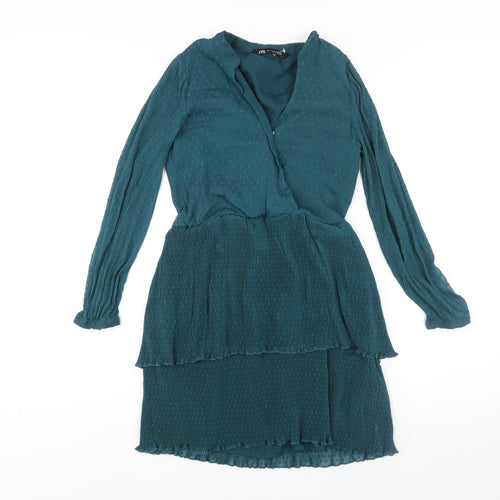 Zara Womens Blue Polyester Shift Size L V-Neck Snap - Frill