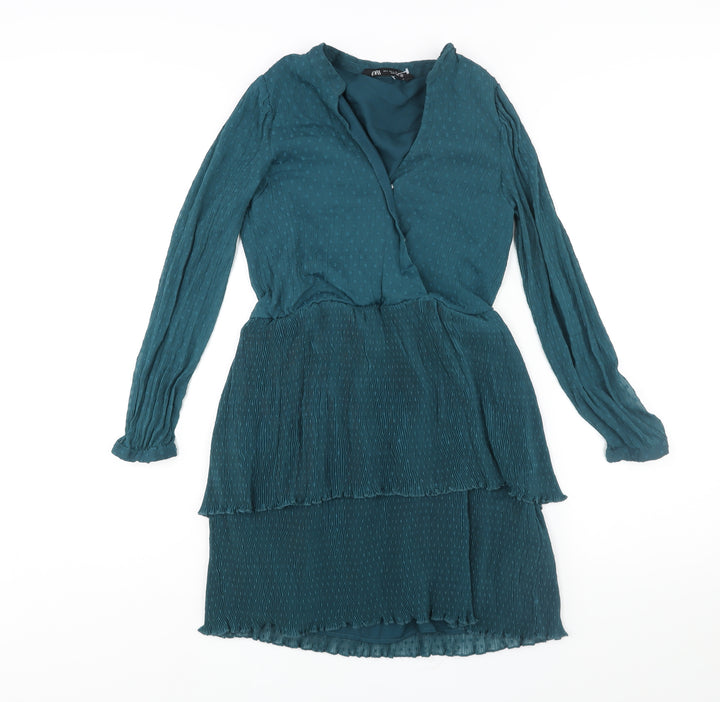 Zara Womens Blue Polyester Shift Size L V-Neck Snap - Frill