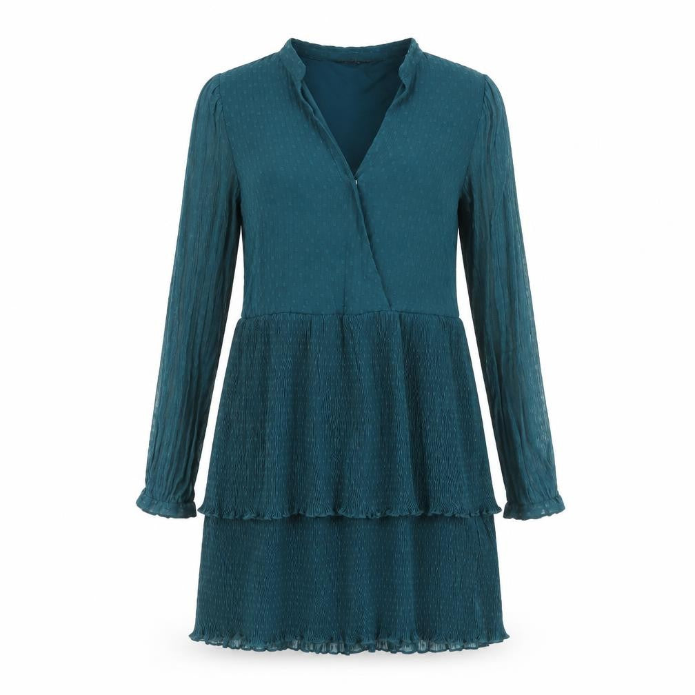 Front view of Zara women’s blue polyester shift, size L, v-neck snap - frill