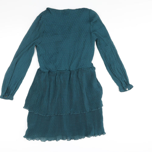 Zara Womens Blue Polyester Shift Size L V-Neck Snap - Frill