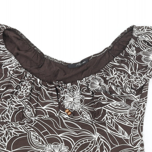 Jane Norman Womens Brown Floral Viscose Basic Blouse Size 14 Boat Neck